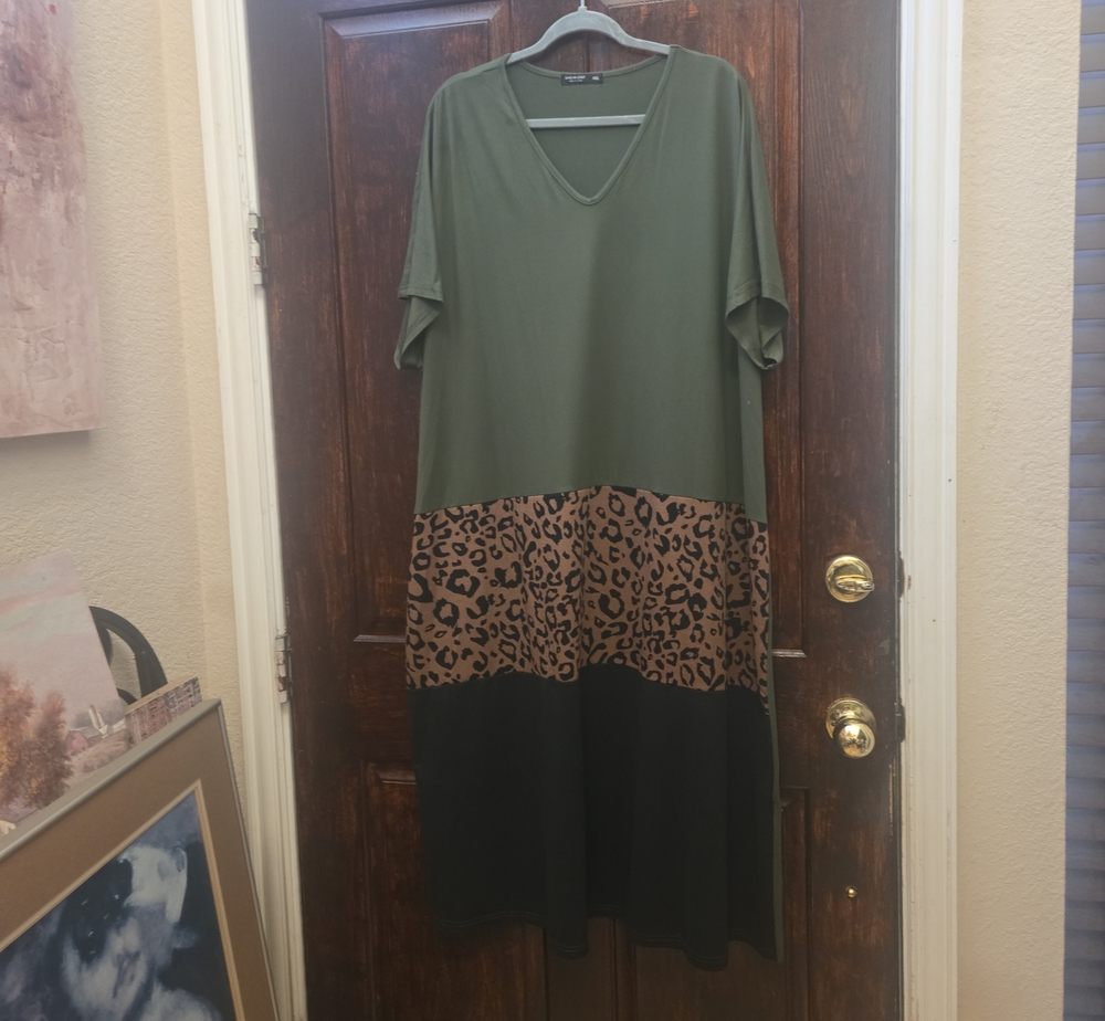 SHEIN Olive Green Leopard Colorblock Midi Dress with Black Hem